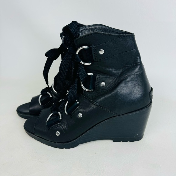 Sorel After Hours Lace Up Peep Toe Black Leather Wedge Bootie Shoe Size 9.5 - Picture 2 of 13